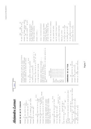 CreatedByeLmUNDOcABEZON©
Pagina7
AAlleejjaannddrrooLLeerrnneerr
ALGODEMIENTUCORAZON
GD
Aunquemedesvueltalacara
EmDsus4D
Aunquenolloresmáspormí
EmD
Aunqueseayosiempreelquellama
EmBm
Aunqueyanoestésaquí
C9DD2-D
Siemprehabráalgodmíentucama
C9D/F#
Porquehayalgodemíentussueños
C9Dsus4DGDsus4
Porquehayalgodemíentucorazón
Aunquesehayanapagadolasganas
Aunqueeltiempoborrelailusión
Aunqueyanoescuchesmisllamadas
Igualllegaramivoz
C9DD2-D
Siemprehabráunafotoentualma
GEº
Conlaimagendemiamor
GDsus4DGD
Porquehayalgodemíentucorazón
GDsus4EbºEmD
Algodemíentucorazón
C9G/BAm7G
D/F#D
Sequedacontigomarcandoelmismopulsopara
losdos
GDsus4EbºEmDC9
Algodemíentucorazónadentrodelcuerpo
G/BAm7DG
Buscandouncaminoabiertoalamor
Bb6C9G
Uncaminoabiertoalamor
Aunquecalmestusexoenotrosbrazos
Yteembriaguesconotrosudor
Aunquecreasquetodohaterminado
Aunquecambieslafechadelreloj
C9DD2-D
Nosepuedecamibarelpasado
GEº
Lamemoriaylaemoción
GDsus4EbºGD
Porquehayalgodemíentucorazón
GDEmDsus4DEmDEmBm
Nadiepuedecambiarelpasado...
Algodemiencorazón...D
Algodemientucorazón...
Uncaminoabiertoalamor,uncaminoabiertoal
amor
Acordes
menoscomunes
EADGBe
Dsus4:xx0233
D2:xx0230
D/F#:20023x
C9:x32030
Eº:xx2323
Ebº:xx1212
G/B:x20033
Bb6:x1003x
CAMPEONESDELAVIDA
AmEm
Aunquelaspuertassecierren
AmD
aunquenomesientabien
AmD
Aunqueeltiempopeguefuerte,
F#mG#mCm
Sequevoyaestardepie.
FG
Aunqueeltiempopeguefuerte
F#Gsus4Cm
sequevoyaestardepie.
Yerbabuenanuncamuere
nosecansadepelear,
aunquelluevanieveotruene
tetenesquelevantar
Aunquellueva...
Inter:C-G-D-A-C-G-F-G-C
Aunquenohayanavidades
alahoradelafé.
Cuandolacampanasuene
sequevoyaestardepie
Quenonosfalteeltrabajo
nilasganasdesoñar
queelsueñotraigatrabajo
yeltrabajodignidad.
RepiteelInter
CGm
Elfuturoquenoviene
DA
elpasadoquesefue
CG
loquequedaeselpresente
FGC
parapoderestarbien.
indice
 