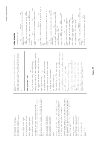 CreatedByeLmUNDOcABEZON©
Pagina83
queteatanlasmanos
otecortanlaspiernas
eldeseoesestéril
elmisteriosuperasiempre
E
LATENBOLASLATENBOLAS
GA
QUEIILUMINANQUEDEVORAN
E
LATENBOLASLATENBOLAS
GA
BIENADENTROLATENBOLAS
Unahembraservida,unadanzacaliente,
eldolorreprimidocuandohayqueiralfrente.
Elmachosehaceblandoyelcobarde,másduro,
esunsaltoalahoguerayloquesossehace
humo.
Latenbolas,latenbolas
queiluminan,quedevoran,
latenbolas,latenbolas
bienadentrolatenbolas.
INTRO
Cuandoelpozotellamaotetragalatierra,
oteatásalacamaytesentísunamierda,
tepersiguesdetodoysóloseastumente
ylaúnicaideaesodiaralagente.
CuandoestésdetenidoconlaCruzenlafrente
conunCristojodidoquecastigaalquesiente,
selevantenmásmurosydeclarenmásguerras,
unafuerzasagradaesperaentretuspiernaspor
vos...porvos!
Latenbolas,latenbolas
queiluminan,quedevoran,
latenbolas,latenbolas
bienadentrolatenbolas.
Ahívoy!Ahívoy!
CACD
INTRO
Latenbolas,latenbolas,latenbolas,laten
bolas
esafuerzaqueilumina,eslamismaquedevora,
creativa,destructora,eslavidaynoperdona.
E
LOSELEFANTITOS
CB7
novoyaparar,hastaverelefantitos
CF
azulesenrondaamilado,lasparedesrespiran
AD
lacancionsedetieneparaqueyoescuche
B7
eseultimoacorde...
CB7
lasoledaddeltunel,estadodecoma
CF
ningunabendicionmealejadelborde
AD
apesardemicortaestadia
B7
envuestrainmundicia
CB7
unasensacion,elalmadebeexistir
CF
sinoporqueestatemblando,micuerpotanrigido
AD
quenosoportaelsol,noseatreveahablarme
B7
mebajalavista.....oh!oh!!
CB7
otrasensacion,sepudremisaliva
CF
cancelomisonrisa,relamomisheridas
AD
necesitosiempre,quemepasencosas
B7
animoparavivir,animoparavivir..
loselefantitosnosalieronapasear
solayloca...solayloca...
LUNAHERMOSA
introducción:SOL
SOLREm7/6LAm
ESTALUNAESPURABELLEZADEUNAIMPOSIBLE
PERFECCION
RE7SOL
YCARGAUNALUZMILENARIAQUENOSEAGUANTA,
MILAm
LADIVINASABELARECETAPARAUNAMORBIEN
ANIMAL
SOLLAmRE7
EINVITAABEBERALOSHOMBRESCUANDOESTA
LLENA.
SOLREm7/6LAm
ESTALUNAESUNALOCAALEGREYMESONRIESOLOA
MI,
RE7
SOL
SIENTOUNAEXTRAÑACOSQUILLAENELMEDIODEL
PECHO
MILAm
YMIALMASEMUEREDEGANASDEESTECUERPITO
ABANDONAR,
SOLLAmSOL
ENUNAFEROZIMPLOSIONQUEPUEDERESULTAR
LAmRE7MI
DESPIADADAMENTEVITAL,
LAmRE7SOL
PORQUEYOSIEMPREFUIUNLUNATICOTOTAL…
SOLMILAm
MIRA,MIRA,MIRAQUELUNAHERMOSA,
RE7SOL
MIRA,MIRA,MEDACOMOUNACOSA,
MILAm
PEROMIRA,MIRA,MIRAQUELUNAHERMOSA,
SOLRE7SOL
TANESCANDOLOSAYYOSOLITOACA...
SOLREm7/6LAm
ESTALUNAESUNALOCAALEGREYSEARREGLAPARA
SALIR,
RE7SOL
SEVISTECONROPAPLATEADAYMEDESEA;
 