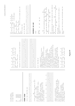 CreatedByeLmUNDOcABEZON©
Pagina89
Unamorperro
nosecontrola,
elamorexplota
Em022000
G320003
CX32010
B7X21202
BbdimX12020
PORNOSTAR
Intro:BmDC#mF#m(x4)
E------2---------2--7—4/5-4-----2---------2--7—4/5-4--
B--0-----2----0---------------0---2----0--------------
G----------2------------------------2-----------------
BmD
¿Visteesospibesquevienenalbar?
C#mF#m
Voscapazquelosconocés.
Notienencarademuybuencomer,
ynotomanagua.
Trasnochadoresamásnopoder,
estánviviendolavidaalrevés.
Caenrendidoscuandosaleelsol
yquiénloslevanta
DGABmDGA
E-----------------------------------------------
B-----------------------------------0----3/2-3/2
G-------0----------------------0--2---2---------
D-0-2-4---4-2----0-2-4---0-2-4------------------
A--------------4--------------------------------
E-----------------------------------------------
(Igualalasprimeras)
Visteesasnochescuandonodasmás
yelcuerpoempiezaapedirporfavor
Yanohaybesos,nifasonialcohol
paraconsolarte.
Ysinembargovostequedás
abrazaditaaesacopasensual
comoquetodovallegandotarde
atumundoremoto.
DGABmDGA
Pornoestarahí,tuamorperdí
DGABmDGA
Igualpuedojugar,alpornostar
F#F#
Pornostar,Pornostar
(Duranteelestribillosehaceestepunteo)
E-----------------------------------------------
B-----------------------------------0-----------
G-------0----------------------0--2---2—-4-2----
D-0-2-4---4-2----0-2-4---0-2-4---------------4-2
A--------------4--------------------------------
E-----------------------------------------------
E-----------------------------------------------
B-----------------------------------0----3/2-3/2
G-------0----------------------0--2---2---------
D-0-2-4---4-2----0-2-4---0-2-4------------------
A--------------4--------------------------------
E-----------------------------------------------
BmD|C#mF#mX4
(Igualaprimeras)
Siemprelosmirodesdemirincon,
encañonadosporladesasón,
pormásquequierenhuirlealdolor
nopuedenhacerlo.
Yyolodigoporquesoyigual,
diezañosllendoalmismolugar,
comoqueestoyesperando
quepasealgoinesperadoynoo
Simeconfiesanquehoyeselfin
yesunsecretoquenohayquedecir
mevoytranquilopateandohastaelbar
abuscaruntrago.
Estoyseguroquevosvasaestar
muchomáslindaquelaúltimavez
Enunadeesaseldiablonoslleva
paraelmismolado.
DGABmDGA
Pornoestarahí,tuamorperdí
DGABmDGA
Igualpuedojugar,alpornostar
DGABmDGA
Unaestrellafugaz,hoyperseguí
DGABmDGA
Rocélaeternidad,ymeextinguí
F#Bm
Pornostar,Pornostar
EEAA
Pornostar,Pornostar
F#Bm----->eselmismoqueelde
abajo
Pornoestarahí
BmD|C#mF#m(X4)
E------2---------2--7—4/5-4-----2---------2--7—4/5-4--
B--0-----2----0---------------0---2----0--------------
G----------2------------------------2-----------------
PORTENIODELEY
INTRO
hehey!
EmBmG7F#7BmF#
BmEm
Todoloquemepedisteyaestaenmarcha,
BmEmC#mF#
sisabesquedesdesiemprecompartitucausa
BmEm
decimesialgunavezyotefallé¿cuando?
BmA#mAm
F#7
lasestrellasdeltriunfomarcanmibuendestino
queeseltuyo
EmF#Bm
memirascondesconfianzacomosinomejunaras
G7F#7Bm
A#7A7F#7
vosdespreocupateyomeocupodeestoanday
fuma...
Estaclaroqueteniasqueencontrarmeaquime
tenes
 