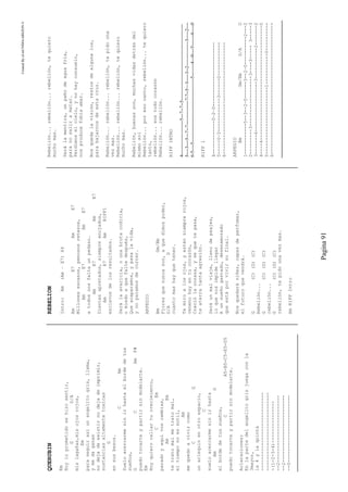 CreatedByeLmUNDOcABEZON©
Pagina91
QUERUBIN
Em
Hoyloprometidosehizosentir,
GD/A
mislagañas,misojosrojos,
Em
paraseguirasiunangelitogris,llama,
ymedaganas
nodejadeexistirnodejadeimprimir,
sustanciasaltamentetoxicas
G
ensusbesos.
CAm
Sueloacercarmesinirhastaelbordedetus
sueños,
GCAmF#
puedotocarteypartirsinmodelarte.
Em
Hoyquierocallartucrecimiento,
CEm
paradoyaquivoscambias,
AmEm
tetratomalmetratomal,
eltiemponoessutil,
Am
mequedoavivircomo
CG
unarlequinenotroespacio,
C
sueloacercarmesinirhasta
AmG
elbordedetussueños,
CA5-B5-C5-E5-D5
puedotocarteypartirsinmodelarte.
Aclaraciones:
Enlapartedelangelitogrisjuegaconla
3mayor,
la4ylaquinta
----------------------------
----------------------------
-(1-2-3-4)---------------
--2------------------------
--2------------------------
--0------------------------
REBELION
Intro:Am(Am–E7)X4
AmE7AmE7
Millonesescasos,penososretazos,
AmE7AmE7
atodosnosfaltaunpedazo.
AmE7AmE7
Dientesapretados,siempreenojados,
AmE7AmRIFF1
esclavosdelosresultados.
Serálaavaricia,ounabrutacodicia,
omiedoaquefaltedespués,
Queacaparamos,ypasalavida,
ynoparamosdecorrer.
ARPEGIO
BmGm/Bb
Floresquenuncason,aquedimospoder,
D/AD
cuantomashayquetener.
Temiroalosojos,yestánsiemprerojos,
venenohayentucorazón,
Creciólacoraza,ysequetepasa,
teaterratantaagresión.
Seráunmalviaje,llenodepeajes,
loquenosimpidellegar
Aunsueñogastado,desenamorado
queestáporvivirsufinal.
Nosquedarániñez,capazdeperfumar,
elfuturoquevendrá.
G(C)(D)(C)
Rebelión...
G(C)(D)(C)
rebelión...
G(C)(D)(C)
rebelión,tepidounavezmas.
AmRIFFIntro
Rebelión...rebelión...rebelión,tequiero
muchomas.
Serálamentira,unpañodeaguafría,
paranosaliramatar.
Perdimoselcielo,ynohayconsuelo,
nosproducefobiaamar.
Nosquedalavisión,restosdealgunaluz,
parabajarnosdeestacruz.
Rebelión...rebelión...rebelión,tepidouna
vezmas.
Rebelión...rebelión...rebelión,tequiero
muchomas.
Rebelión,buenasson,muchasvidasdetrásdel
mismosol
Rebelión...poresocanto,rebelión...tequiero
tanto,
rebelión...sostodocorazón
Rebelión...rebelión.
RIFFINTRO
4----------------------5---7--7--5-------------------------------------------------
5----3----5---7--7----------------7-7--5—3-----3--2----------------3-----2----
6-5----5-----------------------------------------5--------4---0----5-------4-----0
RIFF1
4------------0—2—0-----------------------
5-----0—3------------3------0------------
6----------------------------------------
ARPEGIO
BmGm/BbD/AD
1-----------5--3--2—0------3--2—0----------2---2
2---------3------------------3----3-----3-----3
3-------4------------------3-----------2-------2
4----4-----------------------------------------0
5------------------------1-----------0----------
6-----------------------------------------------
 
