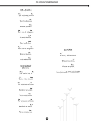 mil guitarras para VÍctor Jara 2015
19
SEGUIDILLA
Mim Re
Ojos negros y pardos
Fa#7
Son los bonitos
Sim
Son los bonitos
La7
Re
Pero los de mi gusto
Fa#7
Los verdecitos,
Sim
Los verdecitos
La7
Re
Pero los de mi gusto
Fa#7
Los verdecitos,
Sim
Los verdecitos
TERCER PIE
(Zapateo)
Mim Re
Los verdecitos sí
Fa#7
Sim
Cierto y me muero
La7
Re
Por una que se llama
Fa#7
Ya ni me acuerdo,
Sim
Ya ni me acuerdo
La7
Re
Por una que se llama
Fa#7
Ya ni me acuerdo,
Sim
Ya ni me acuerdo
REMATE
Sol
Cierto y así se muere
Fa#7
El que te quiere,
Sim
El que te quiere
Se repite desde la INTRODUCCIÓN
 