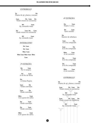 mil guitarras para VÍctor Jara 2015
21
ESTRIBILLO
Fa Do
Planta de ají, planta y tomate
Lam Do Lam Do
‘Onde estará mi cocinerita
Mi7
Lam
Ay, tomando mate
Do Lam Do Lam
‘Onde estará mi cocinerita
Mi7
Lam
Ay, tomando mate
INTERLUDIO
Do Lam
Do Lam
Mim Lam
Mim Lam Mim Lam Mim
Lam
3ª ESTROFA
Do Lam
Por ti suspira
Do Lam
A mi fin de fiesta
Do
A Doña Pispira
Lam Do
‘Onde convidan
Lam Do
‘Onde convidan
Mim Lam
Con queso de cabra
Do Lam
‘Onde convidan
Do Lam
‘Onde convidan
Mim Lam
Con queso de cabra.
4ª ESTROFA
Do Lam
Hojita ‘e coca
Do Lam
Yami molido
Do
Ramito de albahaca
Lam Do
Si le he comprado
Lam Do
Si le he comprado
Mim Lam
A mi cocinera
Do Lam
Si le he comprado
Do Lam
Si le he comprado
Mim Lam
A mi cocinera.
ESTRIBILLO
Fa Do
Planta de ají, planta y tomate
Lam Do Lam Do
‘Onde estará mi cocinerita
Mi7
Lam
Ay, tomando mate
Lam Do Lam Do
‘Onde estará mi cocinerita
Mi7
Lam
Ay, tomando mate
 