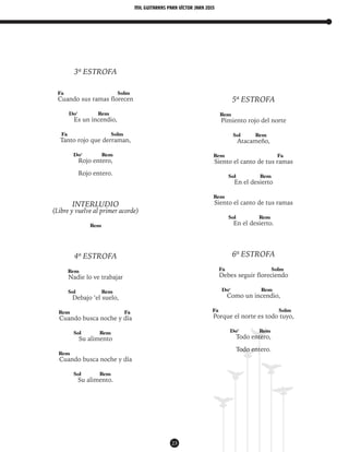 mil guitarras para VÍctor Jara 2015
23
3ª ESTROFA
Fa Solm
Cuando sus ramas florecen
Do7
Rem
Es un incendio,
Fa Solm
Tanto rojo que derraman,
Do7
Rem
Rojo entero,
Rojo entero.
INTERLUDIO
(Libre y vuelve al primer acorde)
Rem
4ª ESTROFA
Rem
Nadie lo ve trabajar
Sol Rem
Debajo ‘el suelo,
Rem Fa
Cuando busca noche y día
Sol Rem
Su alimento
Rem
Cuando busca noche y día
Sol Rem
Su alimento.
5ª ESTROFA
Rem
Pimiento rojo del norte
Sol Rem
Atacameño,
Rem Fa
Siento el canto de tus ramas
Sol Rem
En el desierto
Rem
Siento el canto de tus ramas
Sol Rem
En el desierto.
6ª ESTROFA
Fa Solm
Debes seguir floreciendo
Do7
Rem
Como un incendio,
Fa Solm
Porque el norte es todo tuyo,
Do7
Rem
Todo entero,
Todo entero.
 