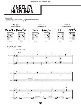 mil guitarras para VÍctor Jara 2015
30
Angelita
Huenuman
Ritmo de Vals
Este tema se toca a dos guitarras. La primera debe tener la sexta
cuerda afinada un tono más abajo (en Re)
&
&
8
3
8
3
..
..
Guitarra 1
Guitarra 2
∑
œœœ
J
œœœ
qd = 54
Sexta Cuerda en RE
‰ œœ
.œ
œœœ J
œœ
‰ œ œ
.œ
.œœ œ œ
‰ œœ
.œ
.
.œœ
&
&
..
..
Guit. 1
Guit. 2
5 ‰ œ œ
.œ
œœœœ J
œ
‰ œœ
.œ
œ œ
œ
‰ œœ
.œ
œ
J
œ
‰ œœ
.œ
.œ
&
&
Guit. 1
Guit. 2
9 ‰ œœ
.œ
‰
œ œ œ
‰ œœ
.œ
œ œ œ œ#
‰ œœ
.œ
œ œn œ œ
‰ œœ
.œ
œ œ œ œ
‰ œœ
U
.œ
œ œ œ œU
Acorde I
a dos guitarras
INTRODUCCIÓN
Guit 1 Guit 1 Guit 1Guit 2 Guit 2 Guit 2
Acorde II
a dos guitarras
Acorde III
a dos guitarras
 
