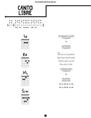 mil guitarras para VÍctor Jara 2015
6
44 .. ..Û Û .Û Û Û Û Û Û Û Û .Û Û Û Û Û Û44 .. ..Û Û .Û Û Û Û Û Û Û Û .Û Û Û Û Û Û44 .. ..Û Û .Û Û Û Û Û Û Û Û .Û Û Û Û Û Û44 .. ..Û Û .Û Û Û Û Û Û Û Û .Û Û Û Û Û Û44 .. ..Û Û .Û Û Û Û Û Û Û Û .Û Û Û Û Û Û44 .. ..Û Û .Û Û Û Û Û Û Û Û .Û Û Û Û Û Û44 .. ..Û Û .Û Û Û Û Û Û Û Û .Û Û Û Û Û Û44 .. ..Û Û .Û Û Û Û Û Û Û Û .Û Û Û Û Û Û.. ..Û Û .Û Û Û Û Û Û Û Û .Û Û Û Û Û Û.. ..Û Û .Û Û Û Û Û Û Û Û .Û Û Û Û Û Û.. ..Û .Û Û Û Û Û Û Û Û .Û Û Û Û Û Û.. ..Û .Û Û Û Û Û Û Û Û .Û Û Û Û Û Û.. ..Û Û .Û Û Û Û Û Û Û Û .Û Û Û Û Û Û.. ...Û Û Û Û Û Û Û Û .Û Û Û Û Û Û
CANTO
LIBRE
M M M M P P MM P M P M M M M M
44 .. ..Û Û .Û Û Û Û Û Û Û Û .Û Û Û Û Û Û
INTRODUCCIÓN
(Arpegiada)
La
ESTROFA
(Arpegiada)
La
El verso es una paloma
Que busca donde anidar
Estalla y abre sus alas
Para volar y volar.
INTERLUDIO
(Arpegiado)
La
PUENTE
(Rasgueado)
Re La Mi Re La Mi
Re La Mi Re La Mi
 