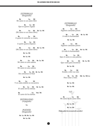 mil guitarras para VÍctor Jara 2015
7
ESTRIBILLO
(Rasgueado)
Re La Mi
Mi canto es un canto libre
Re La Mi
Que se quiere regalar
Re La Mi Re La Mi
(Mi canto es un canto libre)
Re La Mi
A quien le estreche su mano,
Re La Mi
A quien quiera disparar.
Re La Mi Re La Mi
(Mi canto es un canto libre)
Re La Mi
Re La Mi
Re La Mi Re La Mi
Mi canto es una cadena
Re La Mi
Mi canto es una cadena
Re La Mi Re La Mi
Sin comienzo ni final
Re La Mi
Re La Mi
Y en cada eslabón se encuentra
Re La Mi Re La Mi
El canto de los demás
Re La Sim Mi
El canto de los demás
INTERLUDIO
(Arpegiado)
La
PUENTE
(Rasgueado)
Re La Mi Re La Mi
Re La Mi
ESTRIBILLO
(Rasgueado)
Re La Mi
Sigamos cantando juntos
Re La Mi Re La Mi
A toda la humanidad
Re La Mi
Re La Mi
Sigamos cantando juntos
Re La Mi Re La Mi
(A toda la humanidad)
Re La Mi
Que el canto es una paloma
Re La Mi Re La Mi
Que vuela para encontrar
Re La Mi
Re La Mi
Estalla y abre sus alas
Re La Mi (Re La Mi ) x2
Para volar y volar.
Re La Mi
Re La Mi
(x3)
Re La Mi
Mi canto es un canto libre.
Re La Mi
Re La Mi
(Solos sobre la secuencia de acordes)
 
