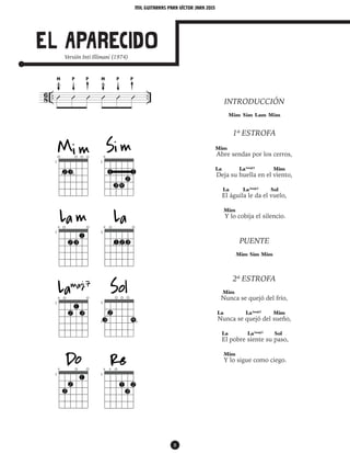 mil guitarras para VÍctor Jara 2015
8
8
6 .. ..Û Û Û Û Û Û
El aparecido
M MP PP P
Versión Inti Illimani (1974)
INTRODUCCIÓN
Mim Sim Lam Mim
1ª ESTROFA
Mim
Abre sendas por los cerros,
La La(maj7)
Mim
Deja su huella en el viento,
La La(maj7)
Sol
El águila le da el vuelo,
Mim
Y lo cobija el silencio.
PUENTE
Mim Sim Mim
2ª ESTROFA
Mim
Nunca se quejó del frío,
La La(maj7)
Mim
Nunca se quejó del sueño,
La La(maj7)
Sol
El pobre siente su paso,
Mim
Y lo sigue como ciego.
 