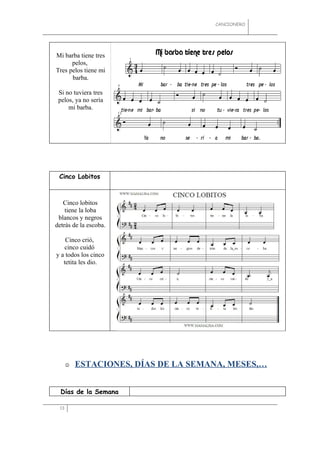 CANCIONERO




Mi barba tiene tres
      pelos,
Tres pelos tiene mi
      barba.

 Si no tuviera tres
 pelos, ya no sería
     mi barba.




 Cinco Lobitos



   Cinco lobitos
    tiene la loba
 blancos y negros
detrás de la escoba.

    Cinco crió,
   cinco cuidó
y a todos los cinco
   tetita les dio.




         ESTACIONES, DÍAS DE LA SEMANA, MESES,…


  Días de la Semana

 13
 