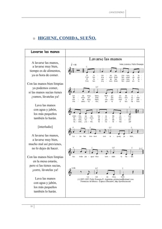 CANCIONERO




          HIGIENE, COMIDA, SUEÑO.


  Lavarse las manos


   A lavarse las manos,
    a lavarse muy bien,
 tiempo es de alimentos,
   ya es hora de comer.

Con las manos bien limpias
     ya podemos comer,
 si las manos sucias tienes
    ¡vamos, lávatelas ya!

        Lava las manos
       con agua y jabón,
       los más pequeños
       también lo harán.

           [interludio]

  A lavarse las manos,
   a lavarse muy bien,
 mucho mal así previenes,
  no lo dejes de hacer.

Con las manos bien limpias
    en la mesa estarás,
 pero si las tienes sucias,
   ¡corre, lávatelas ya!

        Lava las manos
       con agua y jabón,
       los más pequeños
       también lo harán.



  18
 