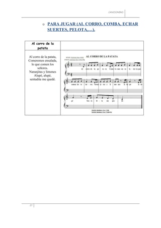 CANCIONERO




             PARA JUGAR (AL CORRO, COMBA, ECHAR
              SUERTES, PELOTA,…).


  Al corro de la
      patata

Al corro de la patata,
Comeremos ensalada,
  lo que comen los
       señores.
Naranjitas y limones
    Alupé, alupé,
 sentadita me quedé.




 27
 