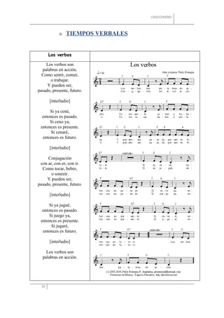 CANCIONERO




               TIEMPOS VERBALES


       Los verbos

    Los verbos son
  palabras en acción.
  Como sentir, comer,
      o trabajar.
     Y pueden ser,
pasado, presente, futuro.

       [interludio]

      Si ya cené,
  entonces es pasado.
      Si ceno ya,
 entonces es presente.
      Si cenaré,
  entonces es futuro.

       [interludio]

     Conjugación
 con ar, con er, con ir.
  Como tocar, beber,
       o sonreír.
     Y pueden ser,
pasado, presente, futuro.

       [interludio]

      Si ya jugué,
  entonces es pasado.
      Si juego ya,
 entonces es presente.
       Si jugaré,
  entonces es futuro.

       [interludio]

    Los verbos son
  palabras en acción.




  35
 