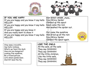 IF YOU ARE HAPPY                             INCY WINCY SPIDER _rhyme_
If you are happy and you know it say hello Incy Wincy Spider
HELLO!!!                                     Climbed up the spout
If you are happy and you know it say hello Down came the rain
HELLO!!!                                     And washed the spider out.
If you are happy and you know it
And you really want to show it               Out came the sunshine
If you are happy and you know it say hello And dried up all the rain
HELLO!!!                                     Incy Wincy Spider
                                             Climbed the spout again.
                                             +
Stay away crocodile,               LIKE THE OWLS
Say hello rainbow,                 All the owls, all the owls
What’s up ?said the duck           They say SHHHHH
How are you kangaroo?              They say SHHHHH
Looking fine sunshine,             All the little children,
Be a friend pelican,
                                   Like the little owls,
Let’s share panda bear,
And Hi!! Said the fly.             They say SHHHHH
                                   They say SHHHHH.
 