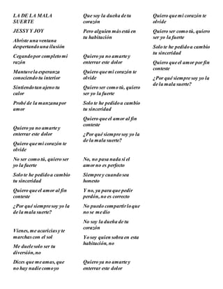LA DE LA MALA
SUERTE
JESSY Y JOY
Abriste una ventana
despertandouna ilusión
Cegandopor completomi
razón
Mantuvela esperanza
conociendo tu interior
Sintiendotan ajeno tu
calor
Probé de la manzanapor
amor
Quiero ya no amartey
enterrar este dolor
Quiero quemi corazón te
olvide
No ser como tú, quiero ser
yo la fuerte
Solo te he pedidoa cambio
tu sinceridad
Quiero queel amor al fin
conteste
¿Por qué siempresoy yo la
de la mala suerte?
Vienes, me acariciasy te
marchascon el sol
Me duelesolo ser tu
diversión,no
Dices que meamas, que
no hay nadiecomoyo
Que soy la dueña detu
corazón
Pero alguien másestá en
tu habitación
Quiero ya no amartey
enterrar este dolor
Quiero quemi corazón te
olvide
Quiero ser como tú, quiero
ser yo la fuerte
Solo te he pedidoa cambio
tu sinceridad
Quiero queel amor al fin
conteste
¿Por qué siempresoy yo la
de la mala suerte?
No, no pasa nada si el
amorno es perfecto
Siemprey cuandosea
honesto
Y no, ya para que pedir
perdón, no es correcto
No puedo compartirloque
no se medio
No soy la dueña de tu
corazón
Yosoy quien sobra en esta
habitación, no
Quiero ya no amartey
enterrar este dolor
Quiero quemi corazón te
olvide
Quiero ser como tú, quiero
ser yo la fuerte
Solo te he pedidoa cambio
tu sinceridad
Quiero queel amor por fin
conteste
¿Por qué siempresoy yo la
de la mala suerte?
 