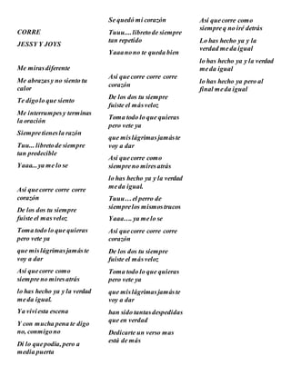 CORRE
JESSY Y JOYS
Me mirasdiferente
Me abrazasy no siento tu
calor
Te digolo que siento
Me interrumpesy terminas
la oración
Siempretienesla razón
Tuu... libretode siempre
tan predecible
Yaaa...ya me lo se
Así quecorre corre corre
corazón
De los dos tu siempre
fuiste el masveloz
Toma todo lo que quieras
pero vete ya
que mislágrimasjamáste
voy a dar
Así quecorre como
siempreno miresatrás
lo has hecho ya y la verdad
meda igual.
Ya vivíesta escena
Y con mucha pena te digo
no, conmigono
Di lo quepodía, pero a
media puerta
Se quedó mi corazón
Tuuu....libretode siempre
tan repetido
Yaaanono te queda bien
Así quecorre corre corre
corazón
De los dos tu siempre
fuiste el másveloz
Toma todo lo que quieras
pero vete ya
que mislágrimasjamáste
voy a dar
Así quecorre como
siempreno miresatrás
lo has hecho ya y la verdad
meda igual.
Tuuu… el perro de
siemprelos mismostrucos
Yaaa…. ya melo se
Así quecorre corre corre
corazón
De los dos tu siempre
fuiste el másveloz
Toma todo lo que quieras
pero vete ya
que mislágrimasjamáste
voy a dar
han sido tantasdespedidas
que en verdad
Dedicarte un verso mas
está de más
Así quecorre como
siempreq no iré detrás
Lo has hecho ya y la
verdad meda igual
lo has hecho ya y la verdad
meda igual
lo has hecho ya pero al
final meda igual
 