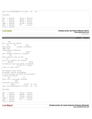 que inolvidablemente vivirán        en   mí.

Acordes:

Am7    :   002013   Fmaj7   :   102210
Bo     :   023230   Am/F#   :   202210
E7     :   020130   B7/b9   :   021211
G#m7   :   464444   E7/b9   :   076760
Gm7    :   353333   F7      :   131211
C7/9   :   032330

Inolvidable                                              Colaboración de Fabio Alberto Marín
                                                                           famaring@hotmail.com
                                                                                      lmig0262

                                                                            calidad     texto

       Am7
En la vida hay amores
     Bo      E7           Am7
que nunca       pueden olvidarse
G#m7 Gm7
imborrables momentos
     C7/9                 Fmaj7
que siempre guarda el corazón
         Bo
pero aquello que un día
    E7                   Am7
nos hizo temblar de alegría
       Am/F#                  B7/b9
es mentira que hoy pueda olvidarse
                E7/b9 F7 E7/b9
como un nuevo amor

He besado otras bocas
buscando nuevas ansiedades
y otros brazos extraños me estrechan
llenos de emoción
      Bo               E7
Pero solo consiguen hacerme
               Am7
recordar los tuyos
         Fmaj7          B7/b9 E7 Am7
que inolvidablemente vivirán   en    mí.

Acordes:

Am7    :   002013   Fmaj7   :   102210
Bo     :   023230   Am/F#   :   202210
E7     :   020130   B7/b9   :   021211
G#m7   :   464444   E7/b9   :   076760
Gm7    :   353333   F7      :   131211
C7/9   :   032330

Luis Miguel                                    Colaboración de Josè Antonio Pacheco Miranda
                                                                          saxo_bas@latinmail.com
 