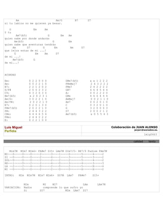 Am                       Am/G                     B7        D7
si tu labios no me quieren ya besar.

   G                  Em              Am
Y tu
        Am7(b5)              G       Em            Am
quien sabe por donde andarás
      Am(b5)                   G                   Em
quien sabe que aventuras tendrás
     Am         D7      G        Em                 Am        D7
que lejos estas de mi ...!
      G              Em   Am      D7
de mi ...!
     Am7(b5)       G
de mí...!



ACORDES

Em:               0   2   2   0   0   0           D#m7(b5)          x   x   1   2   2   2
Am:               0   0   2   2   1   0           F#mMaj7           2   4   3   2   2   2
B7:               2   2   1   2   0   2           F#m7              2   4   2   2   2   2
D/F#              2   0   0   2   3   2           G#7               4   6   4   5   4   4
C9:               0   3   2   0   3   0           A:                0   0   2   2   2   0
Bm7(b5)           x   2   0   2   3   1           G#m               4   6   6   4   4   4
Am/G:             3   0   2   2   1   0           AmMaj7            0   0   2   1   1   0
Am/F#:            2   0   2   2   1   0           Am7               0   0   2   0   1   0
E7:               0   2   0   1   3   0           C                 0   3   2   0   1   0
F#m7(b5)          2   0   2   2   1   0           G                 3   2   0   0   0   3
F#:               2   4   4   3   2   2           D7                2   0   0   2   1   2
C#m:              4   4   6   6   5   4           Am7(b5)           x   0   5   5   4   3
F#m:              2   4   4   2   2   2
E:                0   2   2   1   0   0

Luis Miguel                                                                                 Colaboración de JUAN ALONSO
                                                                                                         jarpo1@wanadoo.es.
Perfidia
                                                                                                                   lmig0463

                                                                                                         calidad     texto


   Mim7M MIm7 MIm6+ FA#m7 SI5+ LAm7M SIm7/5- RE7/9 Fadism FAm7M
MI---0-----0----0-----2------3----1-----0-------5------4-----2
SI --0-----0----0-----2------4----1-----3-------5------3-----2
SOL--0-----0----0-----2------2----2-----2-------5------4-----2
RE---1-----0----2-----2------4----0-----3-------4------3-----3
LA --2-----2----4-----0------2----0-----2-------5------X-----4
MI --0-----0----0-----2------2----0-----0-------X------X-----2

INTRO:     MIm   MIm7M        MIm7 MIm6+   DO7M   LAm7     FA#m7        SI5+


              MIm                MI    MI7                 LAm              LAm7M
VARIACION:    Nadie              comprende lo que sufro yo
              Si               SI7             MIm LAm7 SI7
 