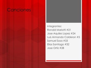 Canciones
Integrantes:
Ronald Mariotti #21
Jose Aquiles Lopez #24
Luis Armando Calderon #5
Samuel Sosa #33
Elias Santiago #32
Jose Ortiz #28
 