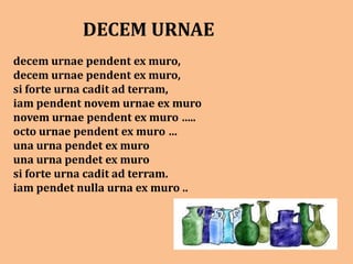 DECEM URNAE
decem urnae pendent ex muro,
decem urnae pendent ex muro,
si forte urna cadit ad terram,
iam pendent novem urnae ex muro
novem urnae pendent ex muro …..
octo urnae pendent ex muro …
una urna pendet ex muro
una urna pendet ex muro
si forte urna cadit ad terram.
iam pendet nulla urna ex muro ..
 