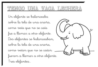 Un elefante se balanceaba
sobre la tela de una araña,
como veía que no se caía
fue a llamar a otro elefante.
Dos elefantes se balanceaban,
sobre la tela de una araña,
como veían que no se caían
fueron a llamar a otro elefante.
Tres elefantes...
 