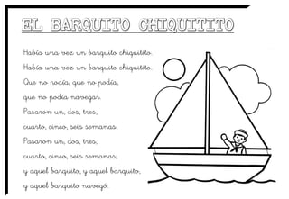 Había una vez un barquito chiquitito.
Había una vez un barquito chiquitito.
Que no podía, que no podía,
que no podía navegar.
Pasaron un, dos, tres,
cuarto, cinco, seis semanas.
Pasaron un, dos, tres,
cuarto, cinco, seis semanas;
y aquel barquito, y aquel barquito,
y aquel barquito navegó.
 