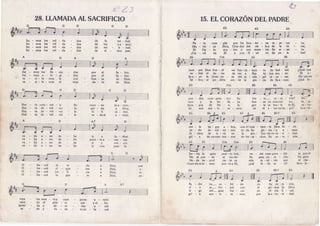 28.LLAMADAAL SACRIFICIO
So - mos los sol - da
So - mos los sol - da
So - mos los sol - da
So - mos los sol - da
fui - mos log lla - ma
f ú - m o s e - l e - g i
r € - c i - b i - m o s I a
! e - c i - b i - m o s e l
Has - ta cons - tru - ir
Has - ta de - vol - ver
Has - ta de - vol - ver
Has - ta de - vol - ver
A D
fre - ced la ú
fre - ced ri - que
fre - ced jus - ti
fre - ced la gen
vues - tra men - te y cueÍ
nien - do el prin - ci
q u i e r - d a y d e - r e
,tr"'Z 3
la ver - dad;
luz ya - mor;
r€ c - Ìi -tu d ;
vi - day paz;
Se - fior.
Se - flor.
de Dios.
de Dios.
ven - cer.
glan fe.
Dios,
Dios,
Dios,
Dios,
*
15.EL CORAZÓNDELPADRE
.Pa - Ía curn - plir por fìn Sue-ter - na elt- p€'Ían ' zt,
Glo - rio - so Dios, Crea-dor del cie - loy de la tie - Í8,
El Cie - lo sea - bre y nos mues- tra Su sc ' cl€ - to.
lCre - ed en El y con -fi - ad en Su pa - la ' bra!
siem - pre Dios bus - có un fun-da - men - to de leal - tad. ;Quié-nes
su - frió el do - lor de ver a Sus hi - jos mo - riÍ. El a -
Seo - ye la trom-pe - ta del ar - cán - gel re - so - nar, Co'moen
Só - loa - sí po - dréis sen- tir la gra - cia de Sua - mor. iQué fe -
EbAbEb
- dos de
- dos de
- dos de
- dos de
- dos
- dos
con
man
por el
por el
ftan - za
d a - t o
i r y
ir con
a
a
a
a
- p o e n u - n i ó n .
- pio y el nn.
cha u - nid.
Í o e n - l a - z a d ,
m u n - d o d e a - m o r ,
g l o - r i a a D i o s ,
f e - l i - c i - d a d ,
to - doel a - mor,
i r a l u - c h a r .
p r o n - I o a - v a n - z a Í ,
- l
È t Cm
pue - den com - pren - der Su
m o r y l ^ b e - l l e - z ^
tiem - pos de No - é, la
liz nos sen - ti - Íe - mos
tris - te- co - ra - zón?
bus - ca en nues-tro ser,
gen - te se bur - la de El,
e n e l e - t e r - n o h o - g a r !
EbBb
Du-
d e - s e -
sa - tis-
l a a - l e -
Su
la
Ie
c a - d a u - n o d e - b e
c a - d a u - n o d e - b e
c a - d a u - n o d e - b e
c a - d a u - n o d e - b e
da
zas
cia
o
o
o
o
Ì
I
i ran - te lar-gos a - f,os, con-tÍ-nua - men-te Dios llo ' ró.
a n - d o d e - v o l - v e r - n o s t o - d a S u g l o - r i a y ^ - m o Í .
fe - chos de vi - vir en la pÍo - fun-daos-cu - ri - dad.
E t í - A d e e n r o n - t Í a r - n o s r e - b o - s a - r á e n S u c o - r a - z 6 n .
En - tre la gran
No se pue - de
Na - da ba - joel
Cuan-does-te- mos
mul - ti-tud,
ni me-dir
cie - lo es
j u n - t o a E l ,
ha- su - fri - do
se- for - mô con
del- gran Jui - cio
s e n - t i - r e - m o s
na - die com-pren - dió lo queel
Su gran co - ra ' zôn. Un gran
más te - rri - ble que el càs -
iqué íe - liz se - ni! Sua' le -
S u . c o - r a - 2 6 n .
- gri - mas de Dios.
e l d í a h - n a l .
l a e - t e r - n i - d a d .
en
Á
en
poÍ
Fa - dre
r í - o
t i - C o
g r í - a
s a - ' d o
y f u - t u
 