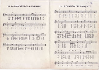 /r' zy
29.IACAÌ.ICION DELA JWENTUD
Al - z&r qon fucr -zry pro - clr-mad la vic - to - ria dcl . So-
El suo - ío qucim-po - si - blo fuo !c ha ho - cho ree - li
Con frrcr - tey bn - vo co - ra-zôn der-tru- y. - mor a Sa-
Â-ma-nc - ccel nue- vo dí - a; h n o '- ch c ya p a -
Que re - sue - ncn las cam-pr - nas; ya bri - llael sol de
Co-mo hi - jos de los Pa - dres, va - ya - mos an - te
g e r - m i - n ó v v a f l o - r e - c e-..
- ci - bid ét dott de vi - da
y s e r - v i r c o m - p l c - t a - m e n - t e
cie - loy tie - rre sc rc - u - nenÍor.
dad.
tán.
Bbç7F
P a - d r e d e a - m o r ,
Hi - ios dc Dios
Pa - dre dea-mor,
Jun - tos can - tadsó.
Dios.
Dios,
Lu-cha-ro - mos bra-va-men - tc
To-doel mun - doc - ter - na-men - te
de - di - can - do nues-tra Yi - da
p o r l a g l o - r i - a d c
v i - v i - r á e n e J - t a
con a-mor y le - al -
p7
D i o s . L c - v a n - t é - m o - n o s u - n i - d o s , d i - v i - n a j u - v e n
luz. A-van-cc - mos to-dos jun -.- to3, ra - dian- te ju - ven
tad. lCon-si-ga- m o3 lavic- t o . - r ia, e - te r- n a ju -ve n
tud.
tud.
rud.
da - les Tu ben
a - l a - b a d e s - t a
da - nos Tu ben
de Su fra - gan - te
Bb Bb? Eb cm
di - ción. ,
u - nión.-
di - ción.-
a - moÍ.-
I
I
I
13.LA CANCIONDELBANQUETE
Nuc - va vi. - da
Bc - llas Ílo - rcg
An - tc Ti nos
Re - bo-san - tcs
dcl E - dén;
d c Sua-mor,
l e - a l - t a d ,
m a - n e - c c r ,
oh Se- fror,
y â n - g c - l e s ,
oh Se- fror,
la can-ción
Be - lla plc - ni - tud,
Y b e n - d c - c i d
En es-tao-ca - sión
Y pro - cla - mad:
con gran bc - lle - za ce - les - tial.
y - b a i - l e - m o s l a e - t e r - n a c a n - c i ó n .
c o n u n e - m a n - t e y f i e l c o - r a - z ó n ,
con- los Pa - dres de la hu-ma - ni - dad.
fue sem- bra - da
dc los v^ - llcs,
prc - sen-ta - mos,
dc Tu a-mor en
l a - z o e - t e r - n o d e c o - r a ' z ó n .
e s - t a r c - l a - c i ó n d e â - m o r .
del ban- que - te de nues-troa - mor.
iya la pri - ma - ve - ra lle - gó!
cn la tie - 'ra
tier - nos bro - tes
pro - mc-tien - do
es - le nuc - voa-
Gm
isan - tâ ben - di - ción!-
 