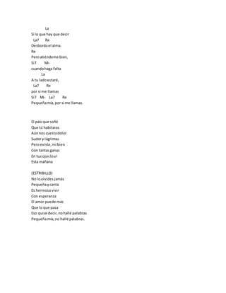 La
Si lo que hay que decir
La7 Re
Desbordael alma.
Re
Peroatiéndeme bien,
Si7 Mi-
cuandohaga falta
La
A tu ladoestaré,
La7 Re
por si me llamas
Si7 Mi- La7 Re
Pequeñamía, por si me llamas.
El país que soñé
Que tú habitaras
Aúnnos cuestadolor
Sudory lágrimas
Peroexiste, mi bien
Con tantasganas
En tus ojosloví
Esta mañana
(ESTRIBILLO)
No loolvides jamás
Pequeñaycanta
Es hermosovivir
Con esperanza
El amor puede más
Que lo que pasa
Eso quise decir, nohallé palabras
Pequeñamía, no hallé palabras.
 