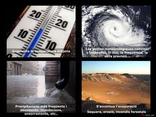 Las pautes meteorològiques canvien:
L'intensitat. El lloc, la freqüència, la
seva previsió…
Augmenta la temperatura mitjana
Precipitacions més freqüents i
abundants: inundacions,
ensorraments, etc..
S'accentua l'evaporació
Sequera, erosió, incendis forestals
 