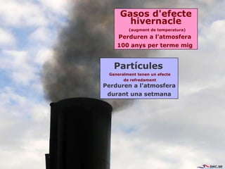 Gasos d'efecte
hivernacle
Partícules
Perduren a l'atmosfera
durant una setmana
Perduren a l'atmosfera
100 anys per terme mig
Generalment tenen un efecte
de refredament
(augment de temperatura)
 