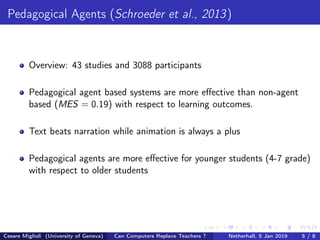 Pedagogical Agents (Schroeder et al., 2013)
Overview: 43 studies and 3088 participants
Pedagogical agent based systems are more eﬀective than non-agent
based (MES = 0.19) with respect to learning outcomes.
Text beats narration while animation is always a plus
Pedagogical agents are more eﬀective for younger students (4-7 grade)
with respect to older students
Cesare Miglioli (University of Geneva) Can Computers Replace Teachers ? Netherhall, 5 Jan 2019 5 / 8
 