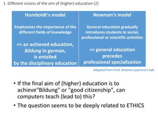 • If	the	final	aim	of	(higher)	education	is	to		
achieve"Bildung"	or	"good	citizenship",	can	
computers	teach	(lead	to)	this?
• The	question	seems	to	be	deeply	related	to	ETHICS
1.	Different	visions	of	the	aim	of	(higher)	education	(2)
Adapted	from	Prof.	Antonio	Loprieno's	talk
Humboldt's	model
Emphasizes	the	importance	of	the	
different	fields	of	knowledge
=>	an	achieved	education,	
Bildung in	german,
is	entailed
by	the	disciplinary	education
Newman's	model
General	education	gradually	
introduces	students	to	social,	
professional	or	scientific	activities
=>	general	education	
precedes
professional	specialization
 