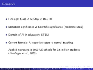 Remarks
Findings: Class < AI Step < 1to1 HT
Statistical signiﬁcance vs Scientiﬁc signiﬁcance (moderate MES)
Domain of AI i...