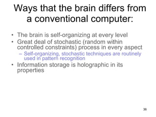 Ways that the brain differs from a conventional computer: The brain is self-organizing at every level Great deal of stochastic (random within controlled constraints) process in every aspect Self-organizing, stochastic techniques are routinely used in pattern recognition Information storage is holographic in its properties 