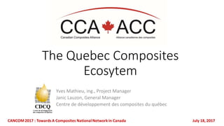 The Quebec Composites
Ecosytem
Yves Mathieu, ing., Project Manager
Janic Lauzon, General Manager
Centre de développement des composites du québec
1
 
