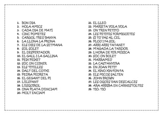 1. BON DIA
2. HOLA AMICS
3. CADA DIA DE MATÍ
4. CINC POMETES
5. CARGOL TREU BANYA
6. LA LLUNA LA PRUNA
7. ELS DIES DE LA SETMANA
8. SOL SOLET
9. EL DESPERTADOR
10. EL GALL I LA GALLINA
11. PEIX PEIXET
12. SÓC UN CUINER
13. ELS TITELLES
14. DALT DEL COTXE
15. PEDRA PEDRETA
16. EL GEGANT DEL PI
17. L’ELEFANT
18. L’ESQUIROL
19. UNA PLATA D’ENCIAM
20. MOLT ENCIAM
21. EL LLEÓ
22. MARIETA VOLA VOLA
23. UN TREN PETITÓ
24. LES PETITES FORMIGUETES
25. SI TU VAS AL CEL
26. PLOU I FA SOL
27. ARRI ARRI TATANET
28. M’AGADA LA TARDOR
29. L'HORA DE FER MÚSICA
30. SÓC UN BOLET
31. MARRAMEU
32. LA CASTANYERA
33. EN JOAN PETIT
34. EL XINO XIN-FUN-FA
35. ELS MICOS SALTEN
36. JOHN BROWN
37. LES OQUES VAN DESCALCES
38. ARA ARRIBA EN CARNESTOLTES
39. TIÓ, TIÓ
 