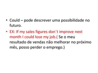 • Could – pode descrever uma possibilidade no
  futuro.
• EX: If my sales figures don´t improve next
  month I could lose my job.( Se o meu
  resultado de vendas não melhorar no próximo
  mês, posso perder o emprego.)
 