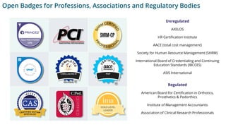 Open Badges for Professions, Associations and Regulatory Bodies
Unregulated
AXELOS
HR Certification Institute
AACE (total cost management)
Society for Human Resource Management (SHRM)
International Board of Credentialing and Continuing
Education Standards (IBCCES)
ASIS International
Regulated
American Board for Certification in Orthotics,
Prosthetics & Pedorthics
Institute of Management Accountants
Association of Clinical Research Professionals
 