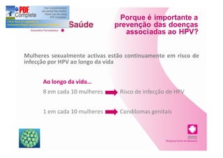 Porque é importante a
                               prevenção das doenças
                                  associadas ao HPV?


Mulheres sexualmente activas estão continuamente em risco de
infecção por HPV ao longo da vida


      Ao longo da vida
      8 em cada 10 mulheres     Risco de infecção de HPV


      1 em cada 10 mulheres     Condilomas genitais
 