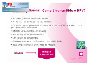 Como é transmitido o HPV?

 Via sexual (incluindo o contacto íntimo)
 Afecta tanto as mulheres como os homens
 Cerca de 70% da população sexualmente activa tem contacto com o HPV
pelo menos uma vez na vida
 Infecção normalmente assintomática
 Maioria regride espontaneamente
 10% tornam-se persistentes
 O uso do preservativo confere uma protecção limitada.
 Basta um parceiro para existir risco de infecção


                                  Principais
   HOMENS
                                transmissores
 