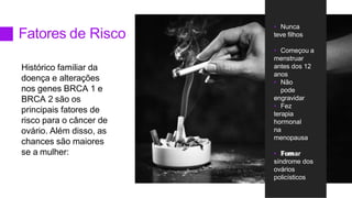 Fatores de Risco
• Nunca
teve filhos
• Começou a
menstruar
antes dos 12
anos
• Não
pode
engravidar
• Fez
terapia
hormonal
na
menopausa
• Fumar
• Tem
síndrome dos
ovários
policísticos
Histórico familiar da
doença e alterações
nos genes BRCA 1 e
BRCA 2 são os
principais fatores de
risco para o câncer de
ovário. Além disso, as
chances são maiores
se a mulher:
 