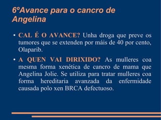 6ºAvance para o cancro de
Angelina
● CAL É O AVANCE? Unha droga que preve os
tumores que se extenden por máis de 40 por cento,
Olaparib.
● A QUEN VAI DIRIXIDO? As mulleres coa
mesma forma xenética de cancro de mama que
Angelina Jolie. Se utiliza para tratar mulleres coa
forma hereditaria avanzada da enfermidade
causada polo xen BRCA defectuoso.
 