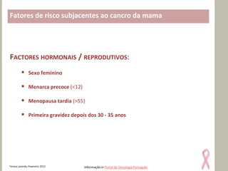 Fatores de risco subjacentes ao cancro da mama




FACTORES HORMONAIS / REPRODUTIVOS:
          Sexo feminino

          Menarca precoce (<12)

          Menopausa tardia (>55)

          Primeira gravidez depois dos 30 - 35 anos




Teresa Lacerda, Fevereiro 2012     Informação in Portal de Oncologia Português
 