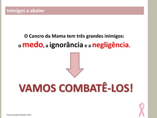 Inimigos a abater



                     O Cancro da Mama tem três grandes inimigos:
              o    medo, a ignorância e a negligência.




              VAMOS COMBATÊ-LOS!

Teresa Lacerda, Fevereiro 2012
 