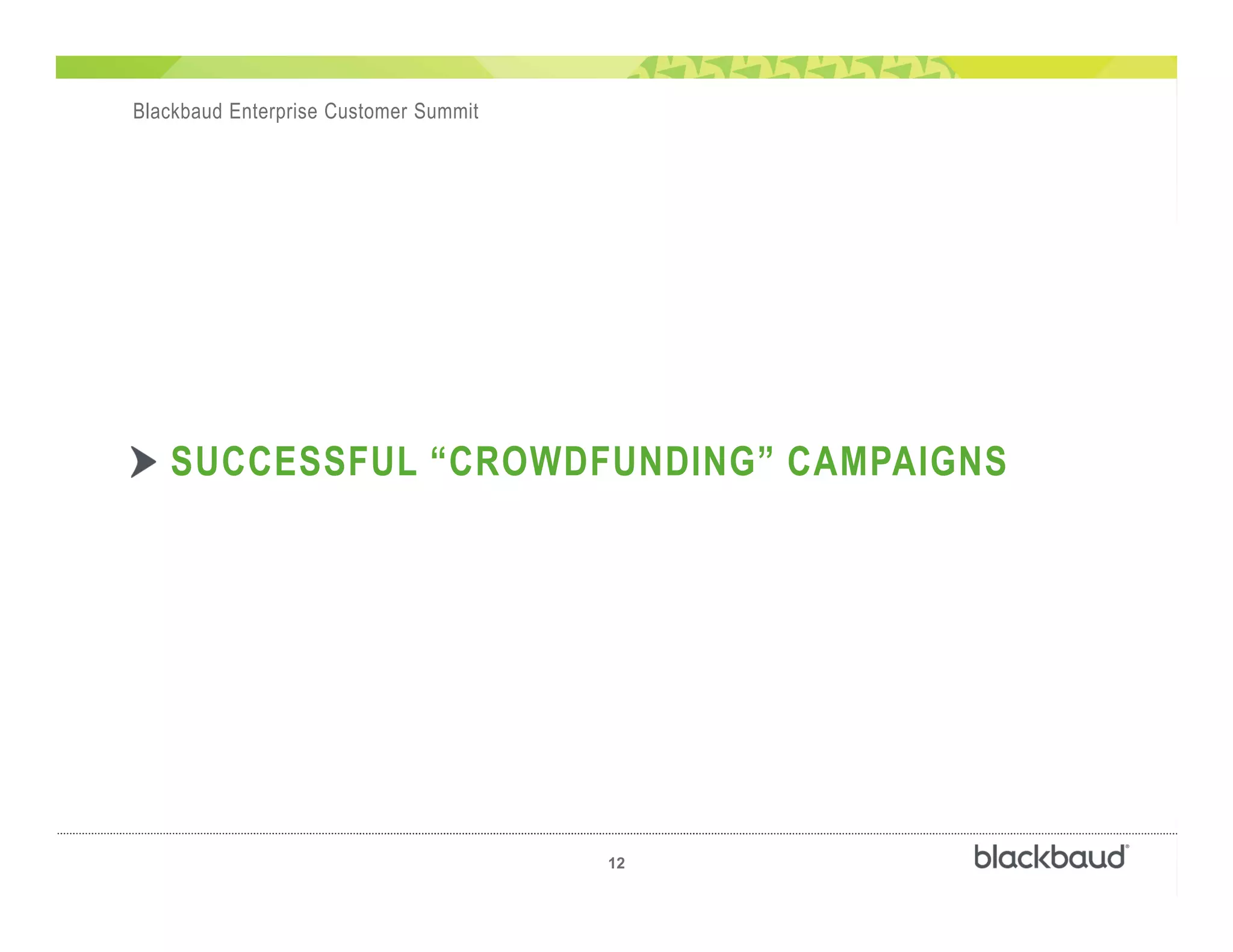 )
12
Blackbaud Enterprise Customer Summit
SUCCESSFUL “CROWDFUNDING” CAMPAIGNS
 