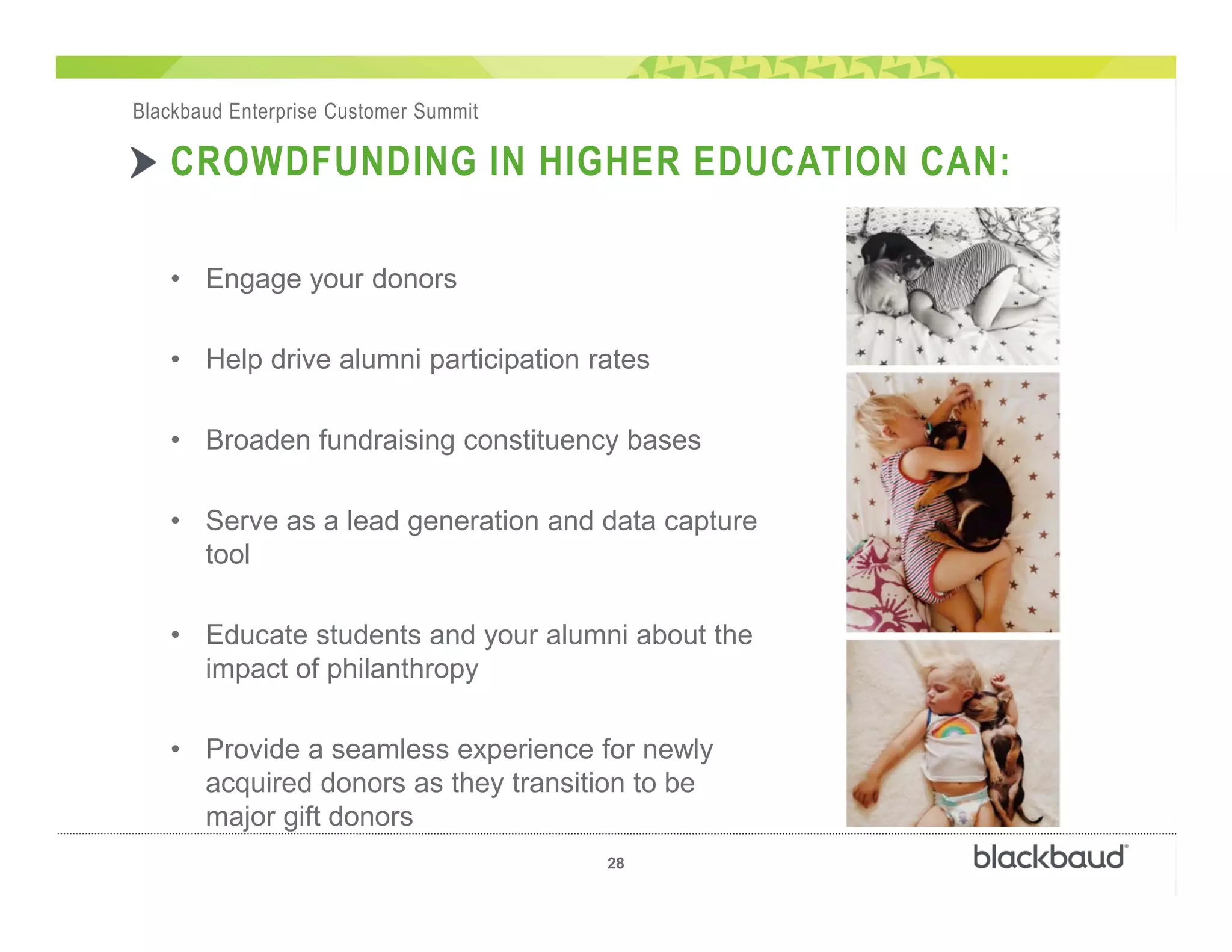��
28
Blackbaud Enterprise Customer Summit
CROWDFUNDING IN HIGHER EDUCATION CAN:
• Engage your donors
• Help drive alumni participation rates
• Broaden fundraising constituency bases
• Serve as a lead generation and data capture
tool
• Educate students and your alumni about the
impact of philanthropy
• Provide a seamless experience for newly
acquired donors as they transition to be
major gift donors
 