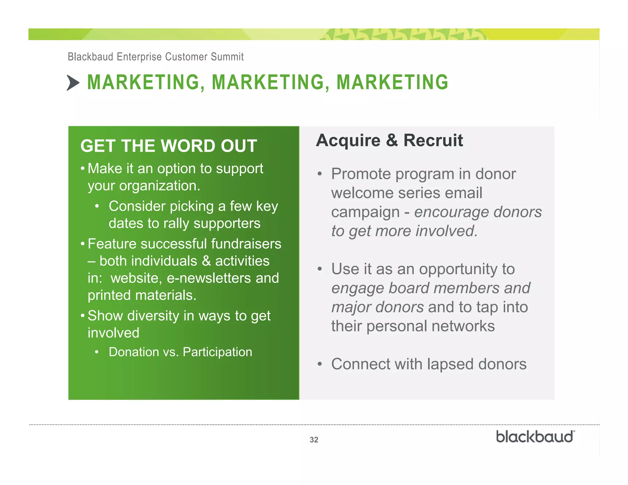 Π‫ڶ‬
32
Blackbaud Enterprise Customer Summit
MARKETING, MARKETING, MARKETING
• Promote program in donor
welcome series email
campaign - encourage donors
to get more involved.
• Use it as an opportunity to
engage board members and
major donors and to tap into
their personal networks
• Connect with lapsed donors
GET THE WORD OUT
• Make it an option to support
your organization.
• Consider picking a few key
dates to rally supporters
• Feature successful fundraisers
– both individuals & activities
in: website, e-newsletters and
printed materials.
• Show diversity in ways to get
involved
• Donation vs. Participation
Acquire & Recruit
 