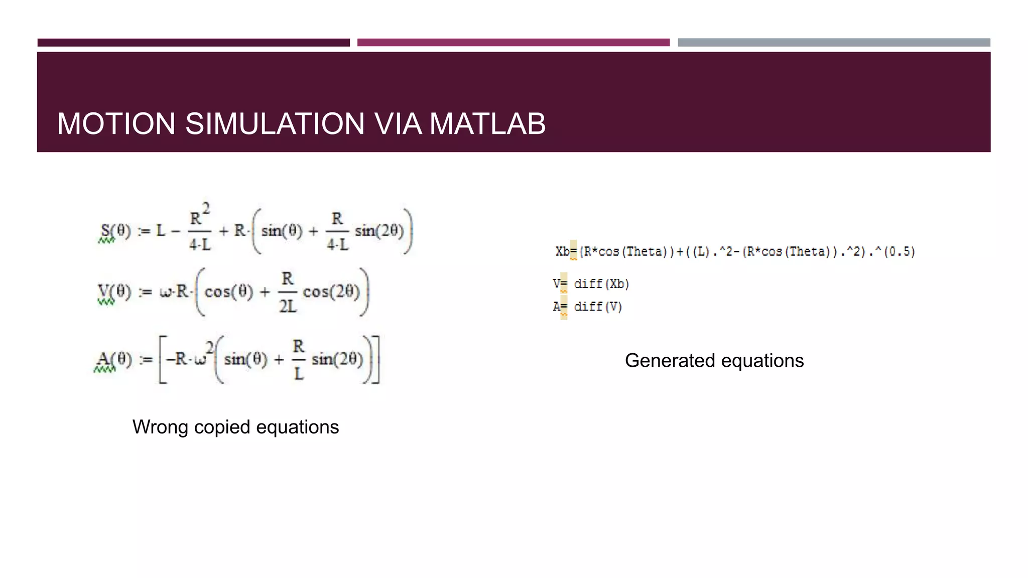 MOTION SIMULATION VIA MATLAB
Wrong copied equations
Generated equations
 