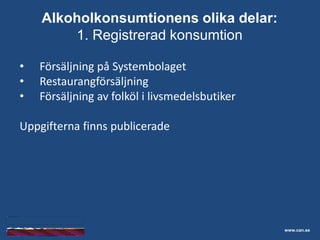 Skolelevers drogvanor
• Försäljning på Systembolaget
• Restaurangförsäljning
• Försäljning av folköl i livsmedelsbutiker
Uppgifterna finns publicerade
www.can.se
Alkoholkonsumtionens olika delar:
1. Registrerad konsumtion
 