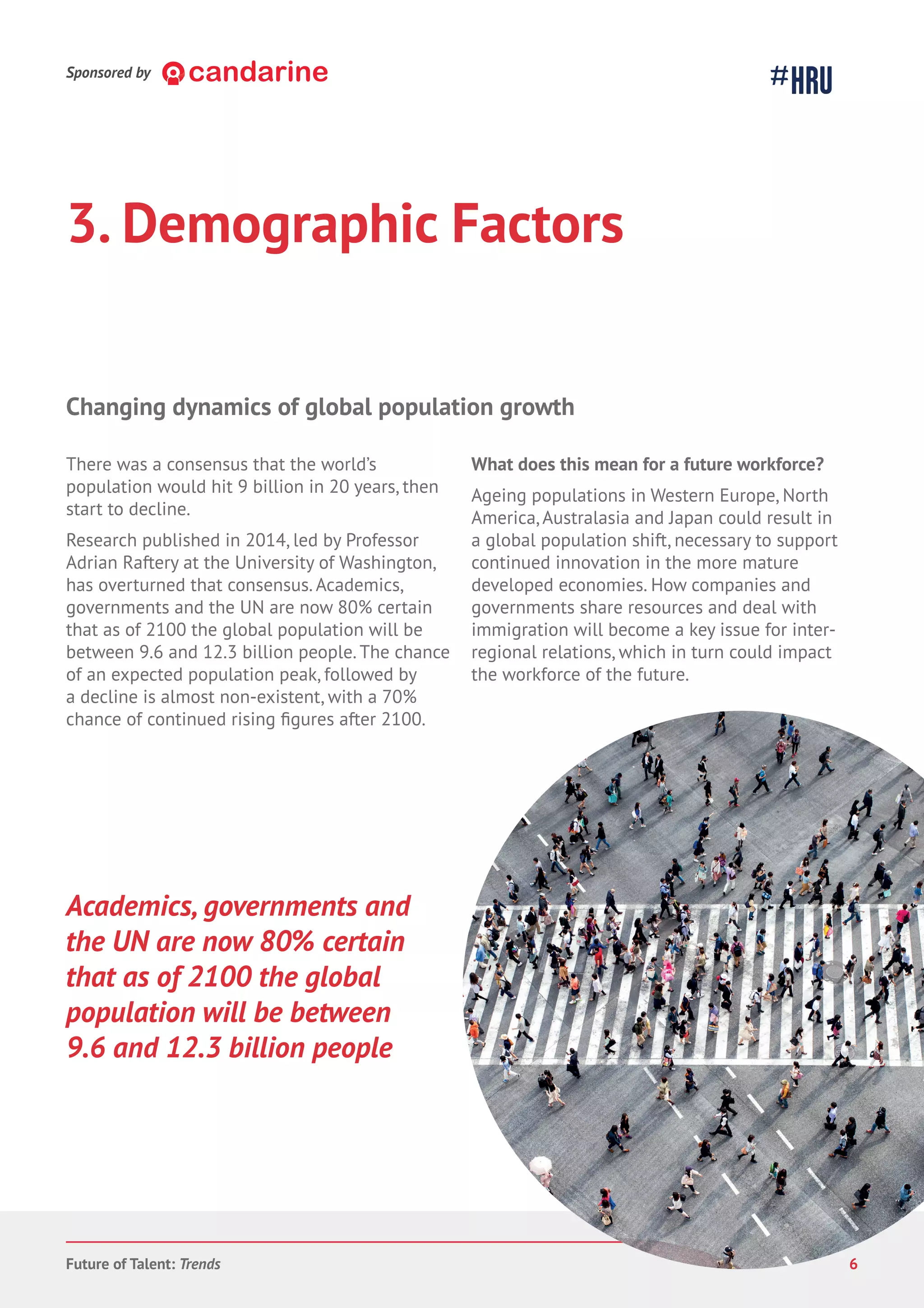 Future of Talent: Trends 6
3. Demographic Factors
There was a consensus that the world’s
population would hit 9 billion in 20 years, then
start to decline.
Research published in 2014, led by Professor
Adrian Raftery at the University of Washington,
has overturned that consensus. Academics,
governments and the UN are now 80% certain
that as of 2100 the global population will be
between 9.6 and 12.3 billion people. The chance
of an expected population peak, followed by
a decline is almost non-existent, with a 70%
chance of continued rising after 2100.
What does this mean for a future workforce?
Ageing populations in Western Europe, North
America, Australasia and Japan could result in
a global population shift, necessary to support
continued innovation in the more mature
developed economies. How companies and
governments share resources and deal with
immigration will become a key issue for inter-
regional relations, which in turn could impact
the workforce of the future.
Changing dynamics of global population growth
Academics, governments and
the UN are now 80% certain
that as of 2100 the global
population will be between
9.6 and 12.3 billion people
Sponsored by
 