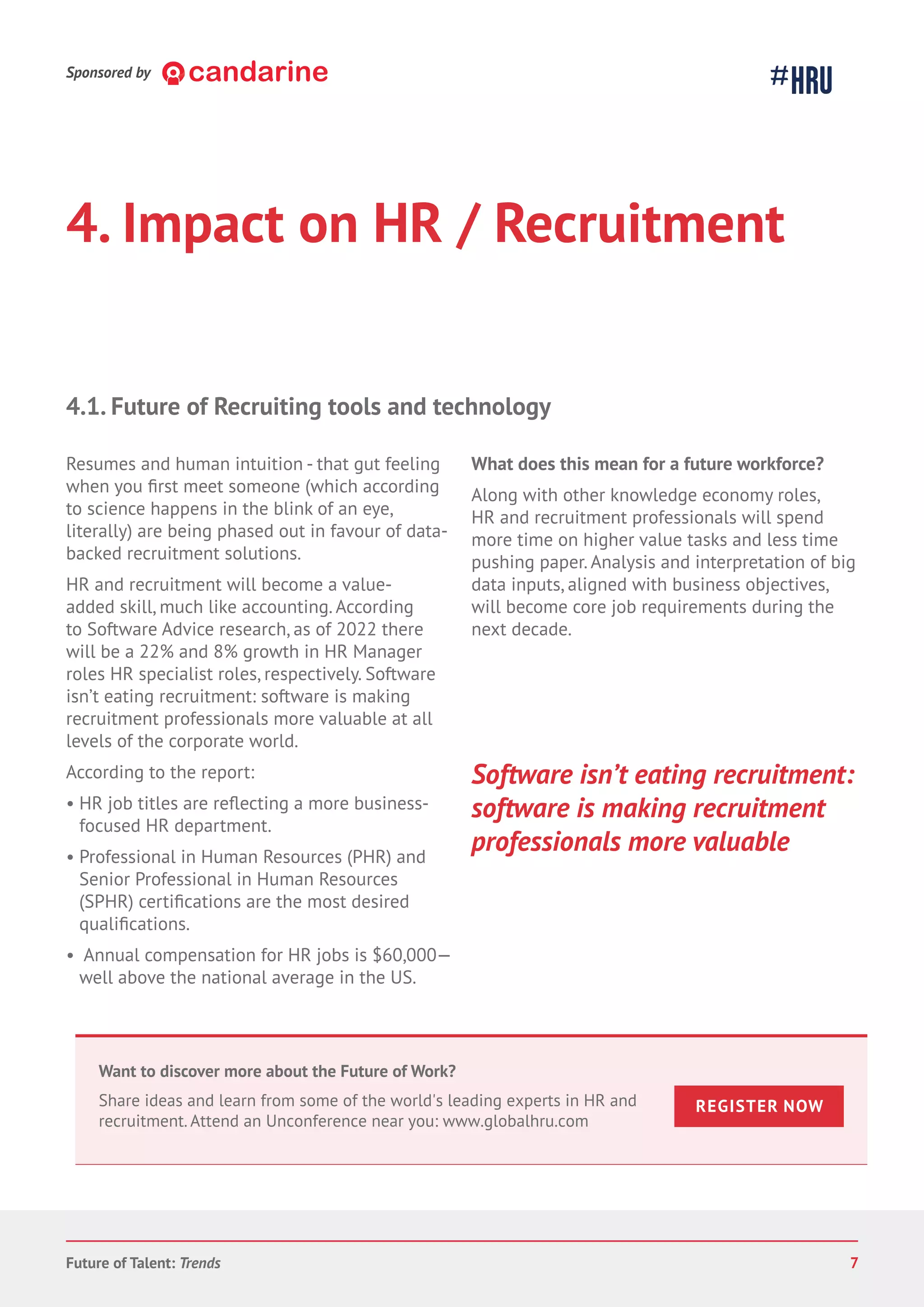 4. Impact on HR / Recruitment
Resumes and human intuition - that gut feeling
when you meet someone (which according
to science happens in the blink of an eye,
literally) are being phased out in favour of data-
backed recruitment solutions.
HR and recruitment will become a value-
added skill, much like accounting. According
to Software Advice research, as of 2022 there
will be a 22% and 8% growth in HR Manager
roles HR specialist roles, respectively. Software
isn’t eating recruitment: software is making
recruitment professionals more valuable at all
levels of the corporate world.
According to the report:
• HR job titles are a more business-
focused HR department.
• Professional in Human Resources (PHR) and
Senior Professional in Human Resources
(SPHR) are the most desired
• Annual compensation for HR jobs is $60,000—
well above the national average in the US.
What does this mean for a future workforce?
Along with other knowledge economy roles,
HR and recruitment professionals will spend
more time on higher value tasks and less time
pushing paper. Analysis and interpretation of big
data inputs, aligned with business objectives,
will become core job requirements during the
next decade.
4.1. Future of Recruiting tools and technology
Software isn’t eating recruitment:
software is making recruitment
professionals more valuable
Want to discover more about the Future of Work?
Share ideas and learn from some of the world's leading experts in HR and
recruitment. Attend an Unconference near you: www.globalhru.com
REGISTER NOW
Sponsored by
Future of Talent: Trends 7
 